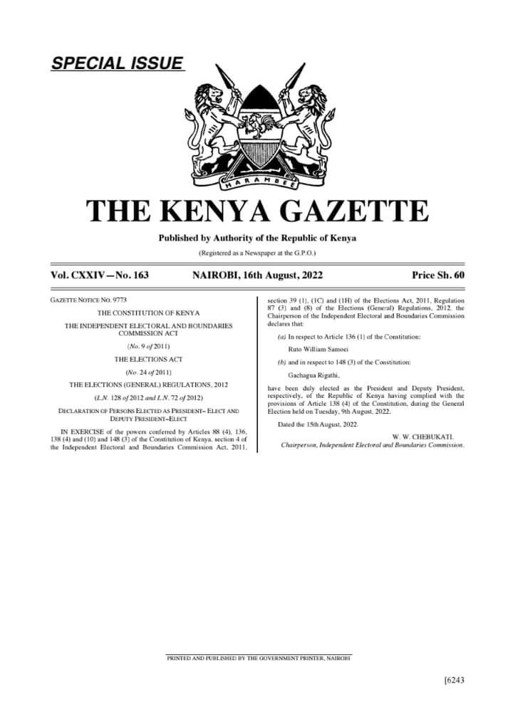 IEBC Gazettes William Ruto  and Rigathi Gachagua as President-elect & Deputy President-elect respectively following August 9, 2022 General Election.